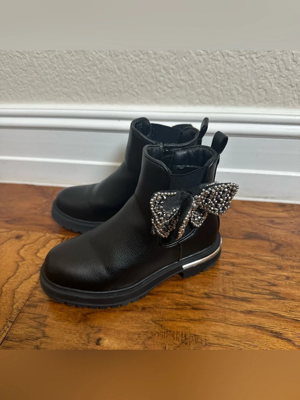 MIA Girls Black Ankle Boots Size 12M Rhinestone Bow Side Zip